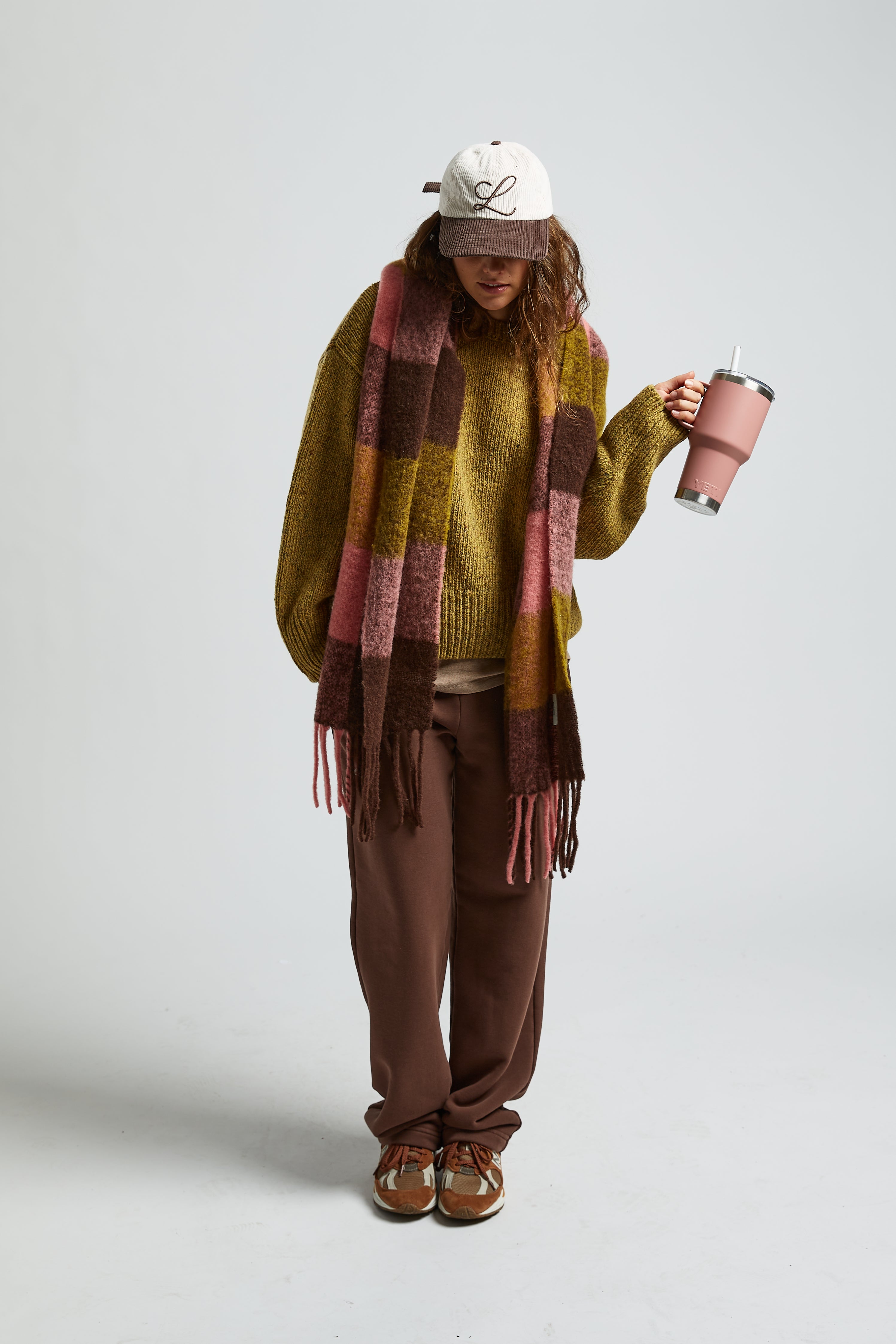 Szalik w kratę Alpaka Pink Brown - 7