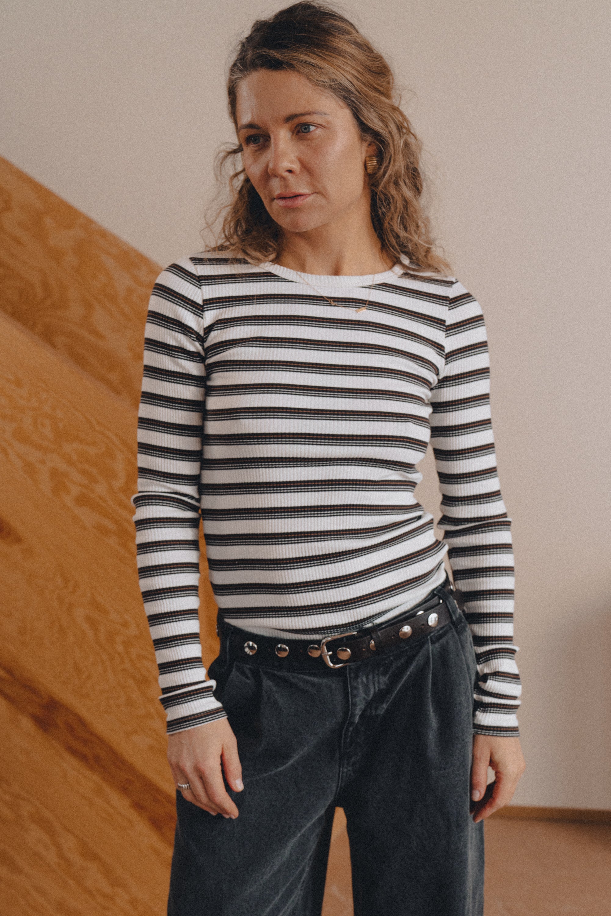 Longsleeve Linda Ecru/Brown Stripes